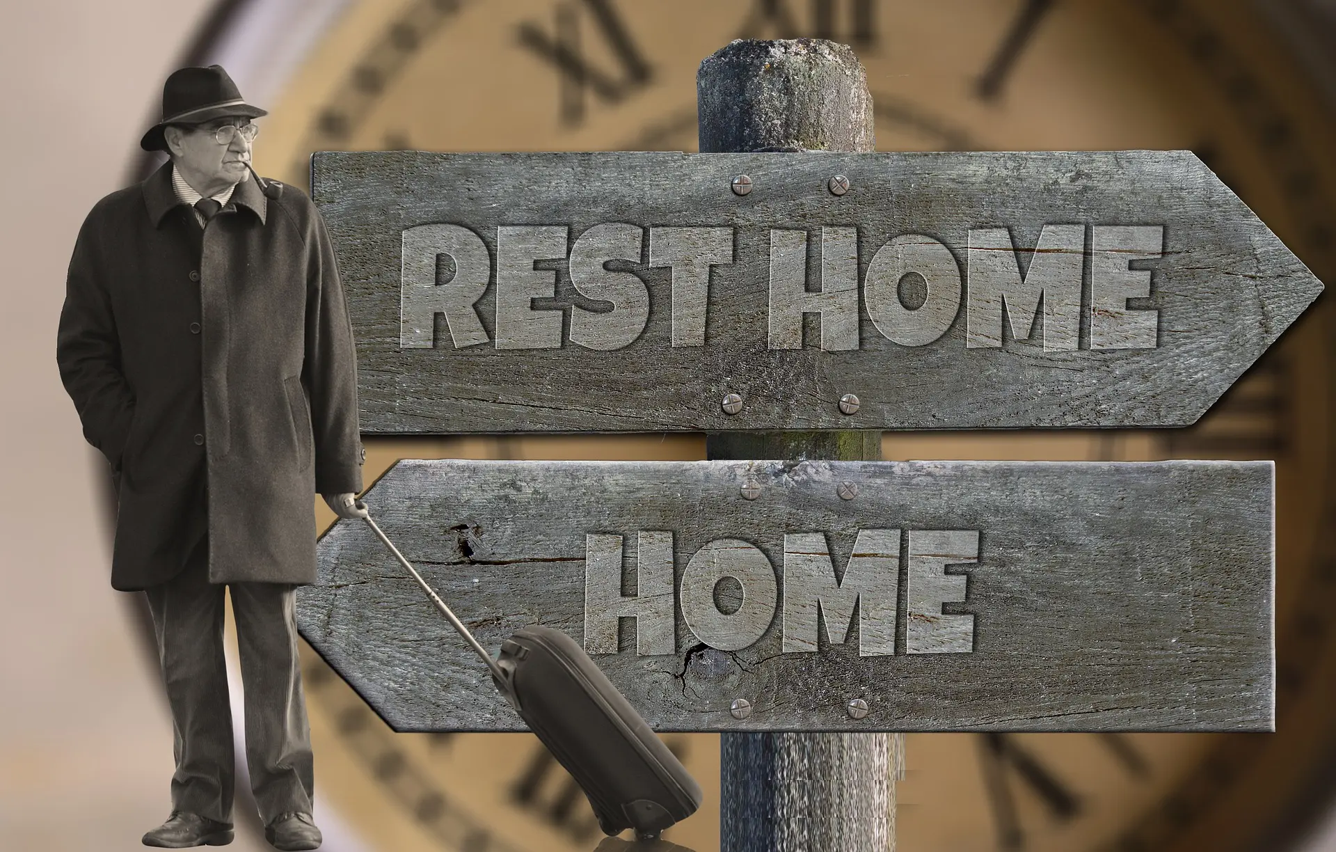 Family Conversations about Long-Term Care - person with suitcase in front of a sign between home and rest home